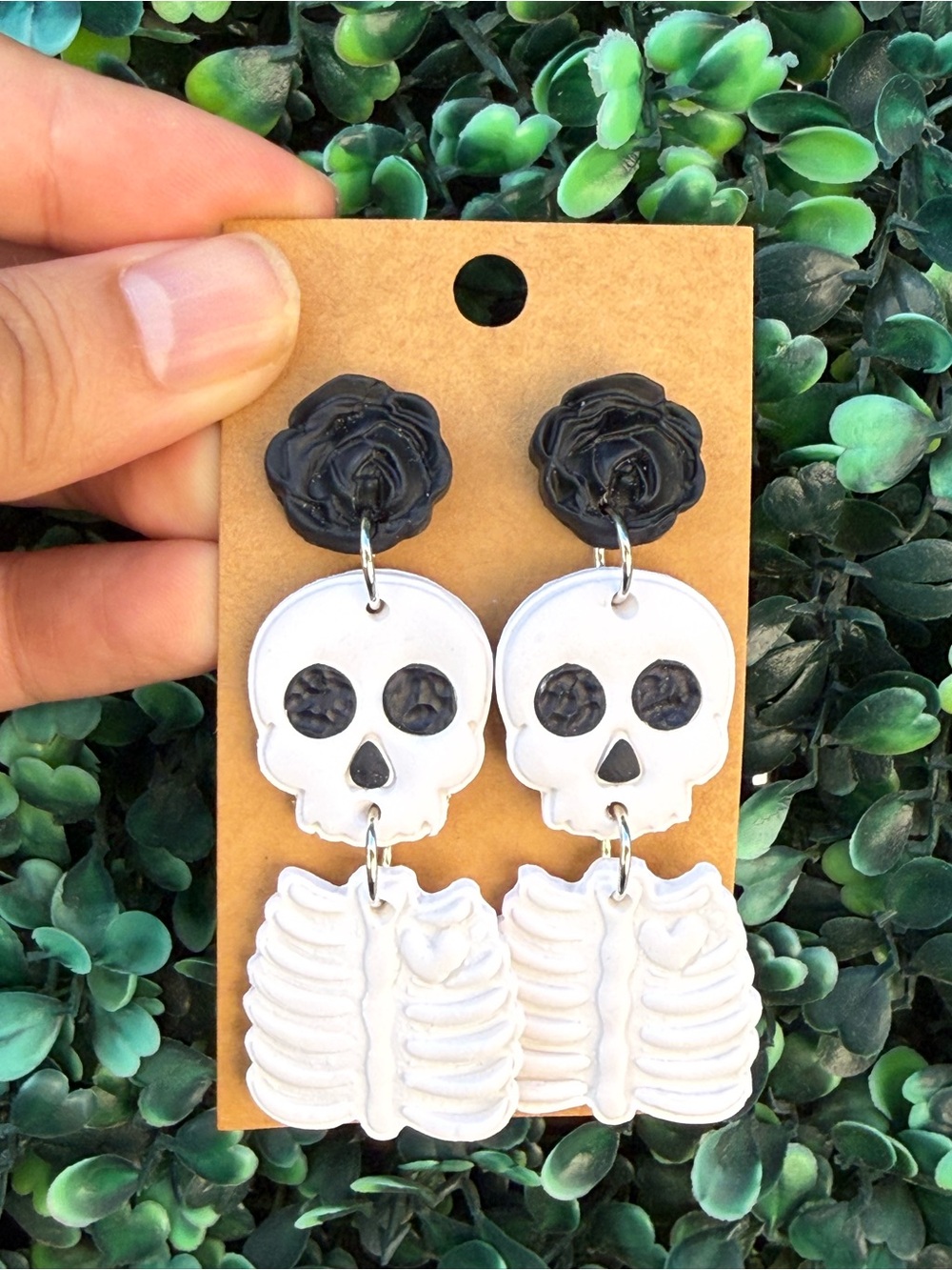 Handmade Polymer Clay Black & White Skull Dangle Earrings - Gothic Women Jewelry